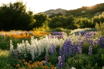 Obraz premium Meadow of wildflowers bloom in lush landscape at sunrise, natural beauty concept