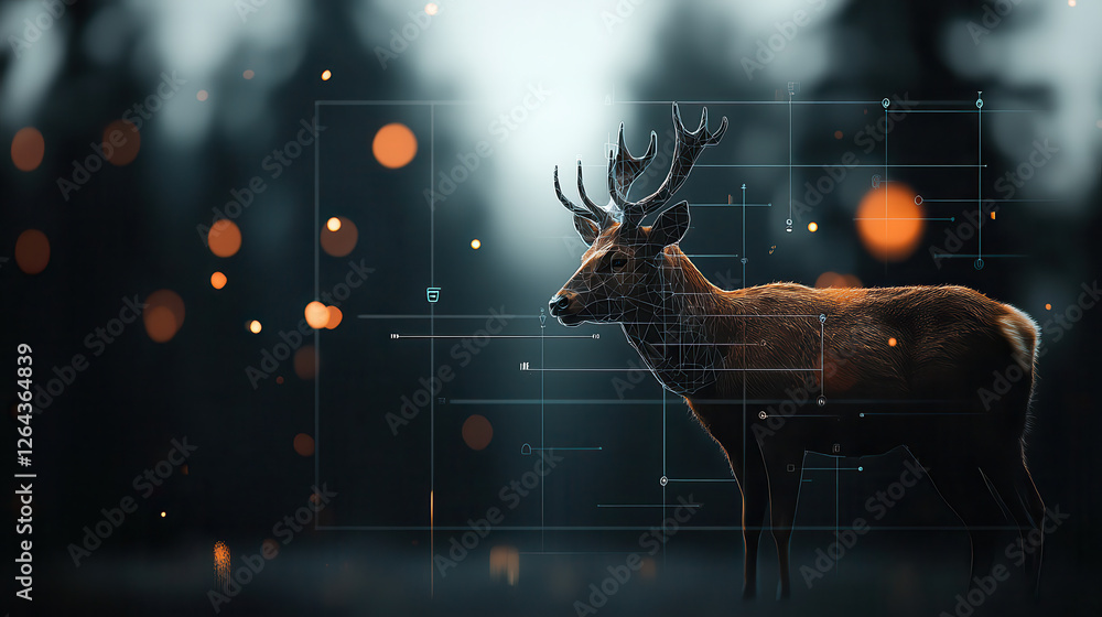 Poster futuristic deer in digital ecosystem with glowing elements and data overlay. scene blends nature and