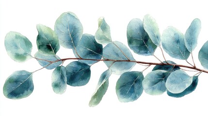 Elegant watercolor illustration of eucalyptus leaves arranged gracefully on a white background