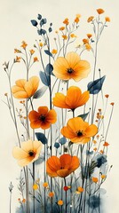 A vibrant arrangement of orange and yellow flowers amidst delicate foliage, set against a soft background