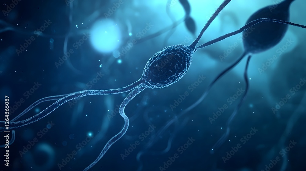 Poster Intricate neural network of synaptic connections in the cerebral cortex glowing in a futuristic blue backdrop representing the complex and dynamic communication within the human brain