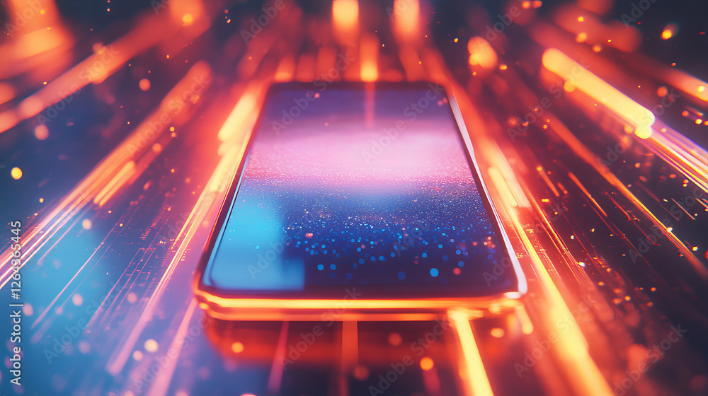 Aufkleber 3d mobile phone screen on light glow background. smartphone futuristic app mockup with abstract beam