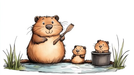 Playful otters enjoying a sunny day by the pond, engaging in fun activities together