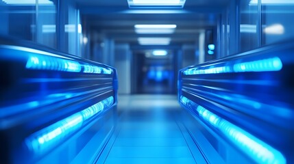Glowing Blue High-Tech UV Sanitization Hallway Conveying Cleanliness and Hygiene Technology