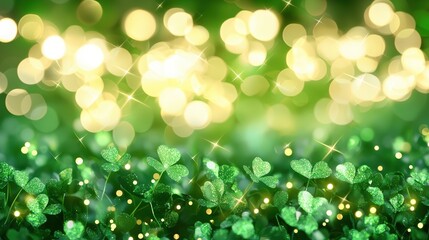 Obraz premium A vibrant background featuring lush green leaves and sparkling golden bokeh lights, evoking a fresh and lively atmosphere.