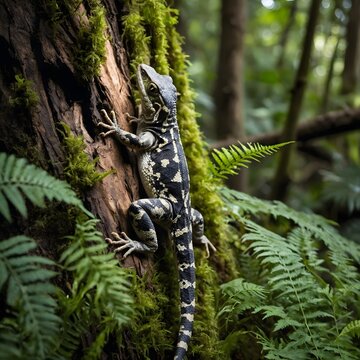 Small Hylonomus Climbing Tree Bark in Prehistoric Forest
