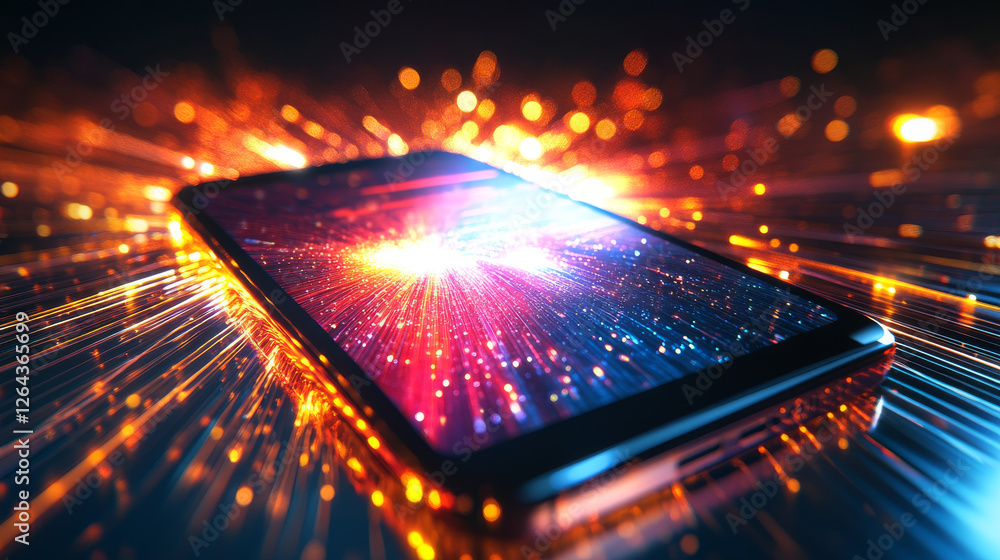 Aufkleber 3d mobile phone screen on light glow background. smartphone futuristic app mockup with abstract beam