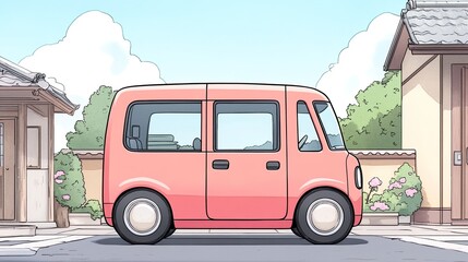A charming pink van parked beside a traditional house, surrounded by blooming flowers under a clear sky