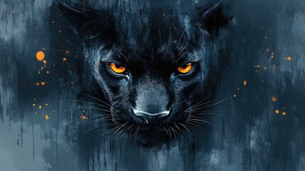 Intense close-up of a panther's face with striking orange eyes against a dark, abstract background