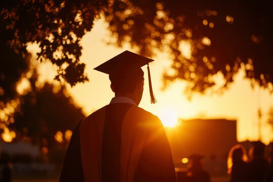 Graduate in cap and gown silhouetted at sunset after outdoor graduation event