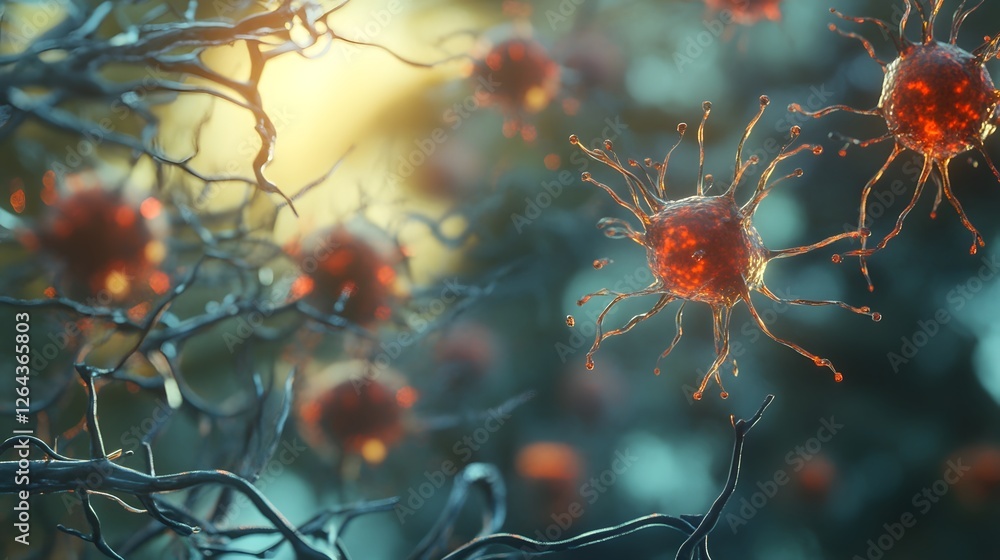 Poster intricate neuron connections showcasing electrochemical brain signals and neural network communicati