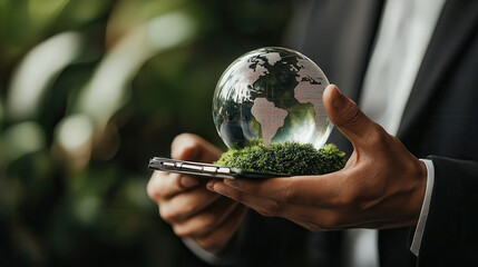 person holding smartphone with glass globe and greenery, symbolizing corporate sustainability and environmental responsibility