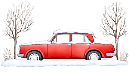 A vibrant red car parked in a snowy landscape with bare trees in winter scenery