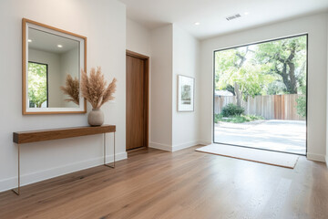 Fototapeta premium Modern entryway with large windows and minimalist decor creating a bright and welcoming atmosphere in a contemporary home