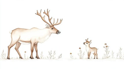 Illustration of a reindeer and its fawn in a serene landscape with wildflowers and soft colors