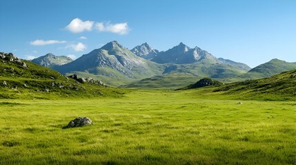 Fototapeta premium Vast Green Meadow With Majestic Mountain Range Under a Bright Blue Sky