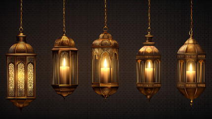 Obraz premium Vintage gold arabic lanterns with glowing candles. Vector realistic set of hanging luminous lamps with golden arabian ornament. Islamic shining fanous isolated on transparent background