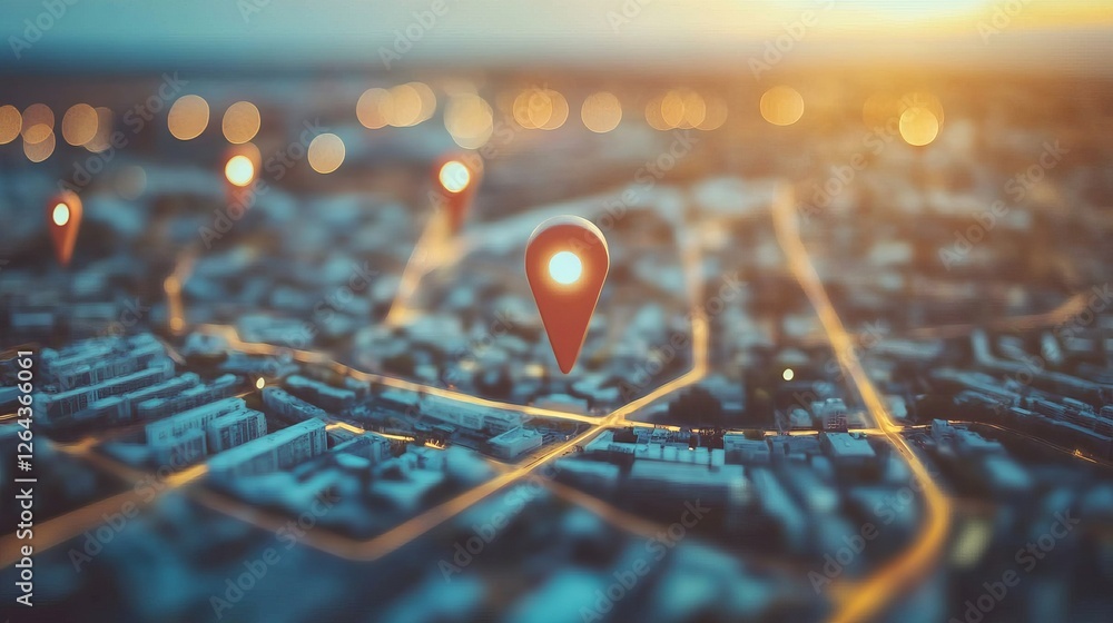 Poster navigation map with destination point and urban landscape. location search and business strategy con