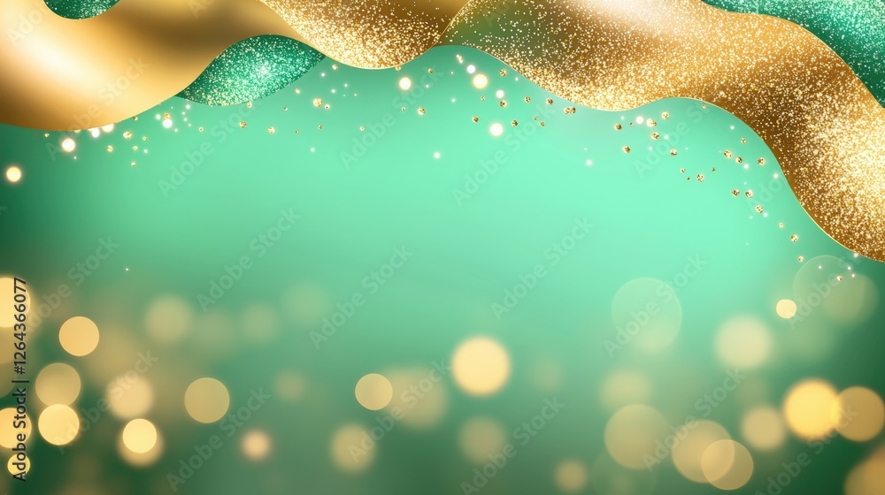 Poster a shimmering green background with flowing gold accents and sparkling bokeh effects, creating an ele