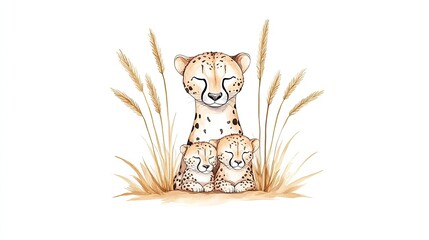 A mother cheetah cuddling with her two cubs in a serene grassland setting