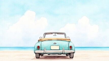 Classic convertible car parked on sandy beach with ocean view and fluffy clouds in the background