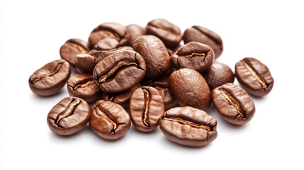 Naklejka premium Flying roasted coffee beans scattered on white background in dynamic composition. Brown aromatic grains motion pattern with blurred elements for cafe menu banner or product packaging design.