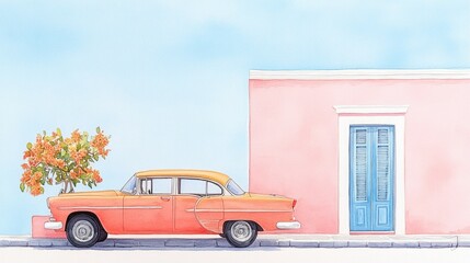 Vintage car parked beside a colorful building with a blooming tree under a clear sky