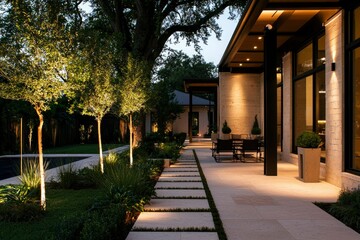 Obraz premium Beautiful house with illuminated trees, terrace with furniture, and lush garden