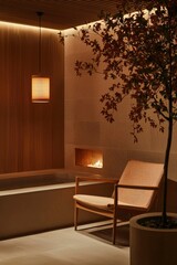 Relaxing by fireplace in calm room. Reading, relaxation, or calming background