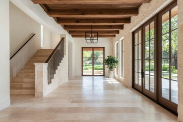 Fototapeta premium Bright hallway with wooden doors, beams, staircase, and open garden view