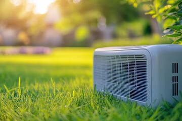 Outdoor AC unit in green grass, sunny day. Illustrates efficient cooling solutions for homes.