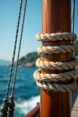 Vintage nautical rope wrapped around wooden mast, anchor, rope, sailboat
