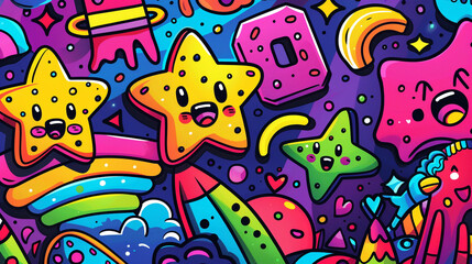 Pastel Colored Kawaii Doodles with Simple Thick Outlines for Children