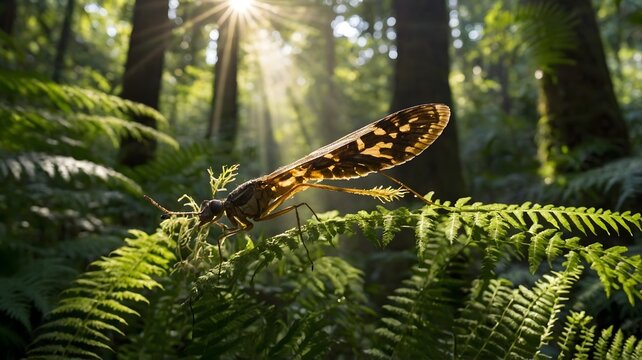 Hylonomus Perched on Fern in Sunlit Ancient Forest