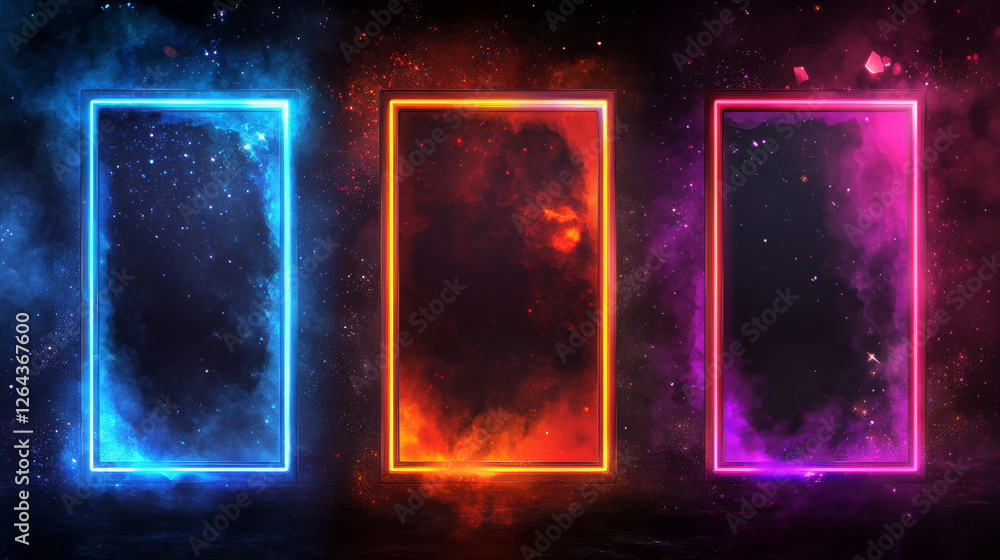 Poster neon futuristic door frame with glowing and steam effect. realistic vector illustration set of illum