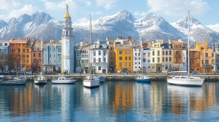 Obraz premium Scenic Coastal Town with Colorful Buildings and Snow-Capped Mountains Picturesque Harbor View
