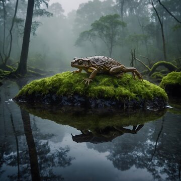 Hylonomus Sitting on Mossy Rock in Prehistoric Swamp