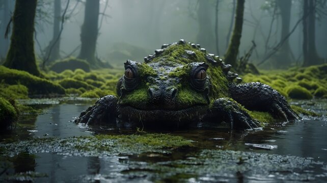Hylonomus on Moss-Covered Rock with Rising Mist in Swamp