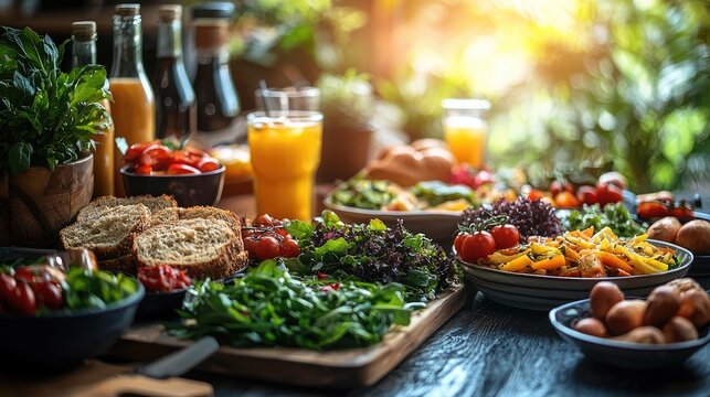Vibrant array of fresh salads, fruits, and drinks on a rustic table in a sunlit garden setting
