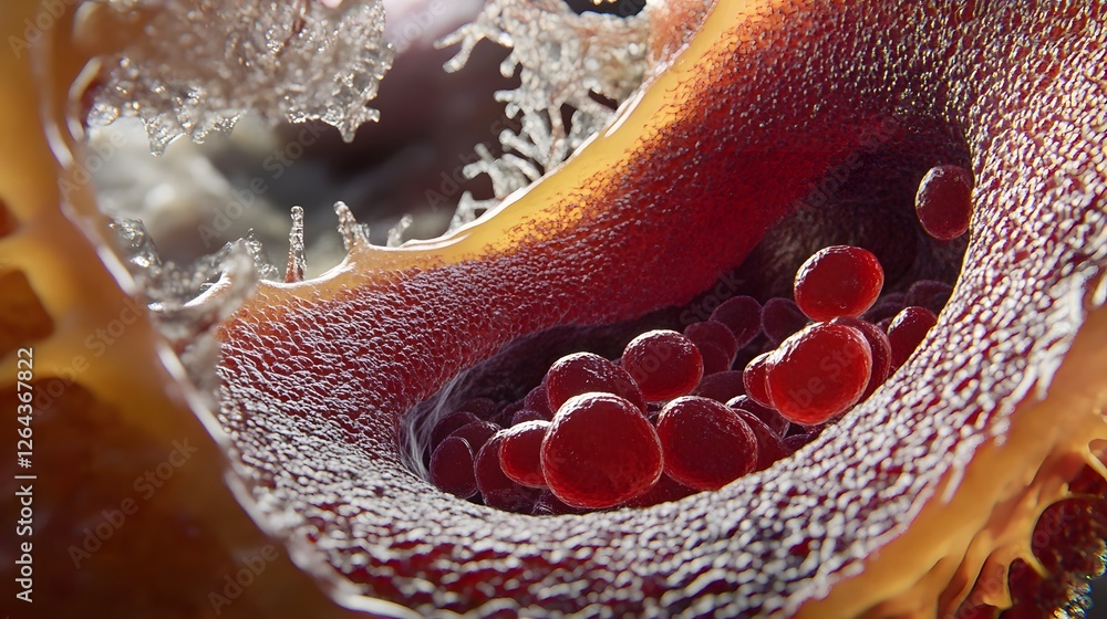 Poster macro closeup of a juicy ripe pomegranate fruit revealing its bright red ruby colored seeds or arils
