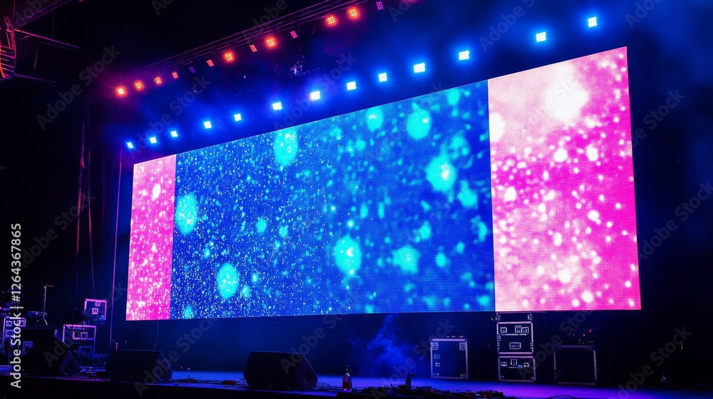 Poster realistic led screen on stage. vector illustration of large lcd display with glowing neon blue and p