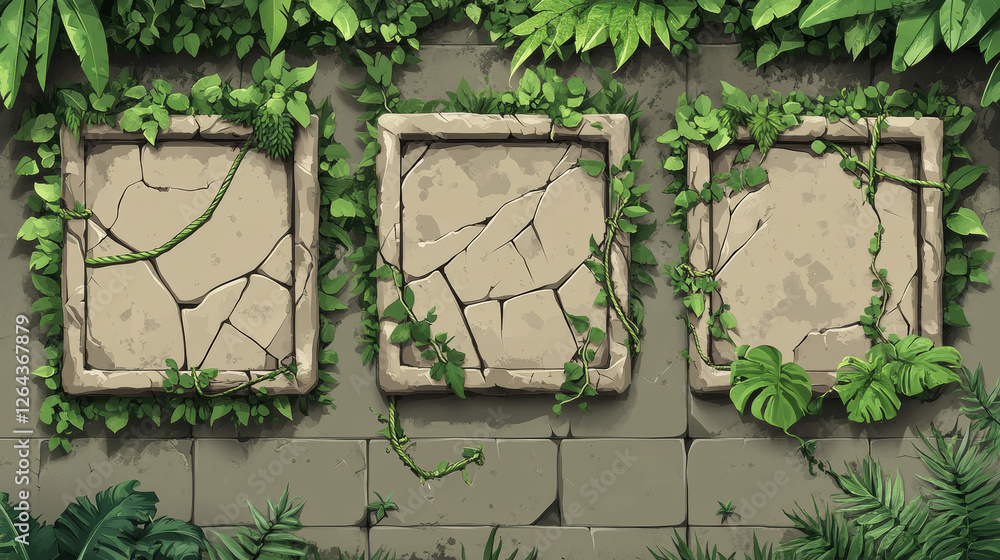 Poster stone frames for game user avatar. vector cartoon set of empty square rock boards with jungle vines 