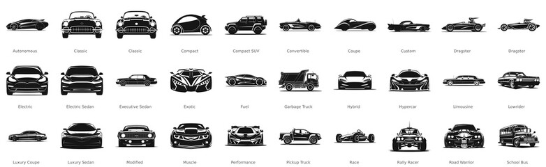 30 Set Car Silhouette Vector Illustration