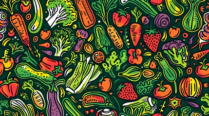 Naklejka premium Colorful illustration of various fresh vegetables scattered on a dark background, ideal for culinary themes