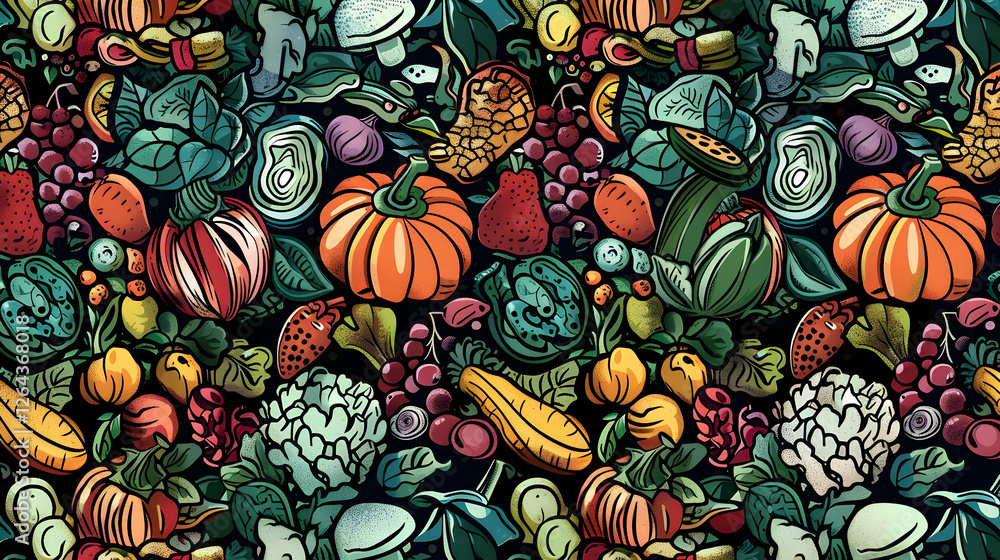 Poster vibrant assortment of colorful vegetables and fruits arranged in a seamless pattern, ideal for desig