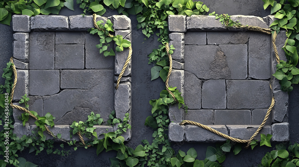 Aufkleber stone frames for game user avatar. vector cartoon set of empty square rock boards with jungle vines 