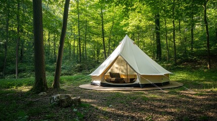 A camping tent set up in a secluded forest clearing, surrounded by trees and nature, offering a quiet retreat.