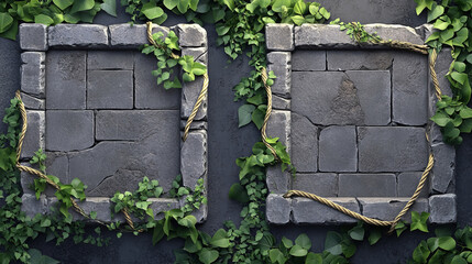 Stone frames for game user avatar. Vector cartoon set of empty square rock boards with jungle vines and ropes, old cracked stone panels isolated on background