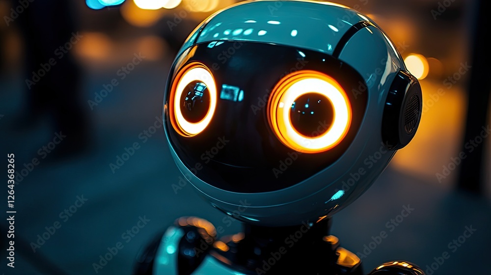 Poster a close-up of a friendly ai robot with glowing eyes, symbolizing the future of human-robot interacti