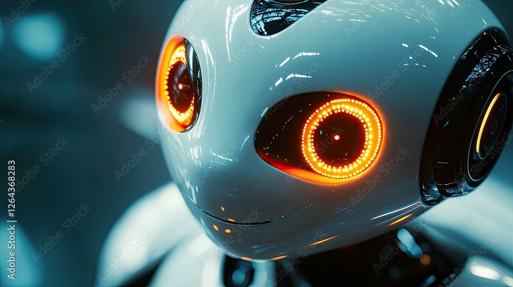 Poster a close-up of a friendly ai robot with glowing eyes, symbolizing the future of human-robot interacti